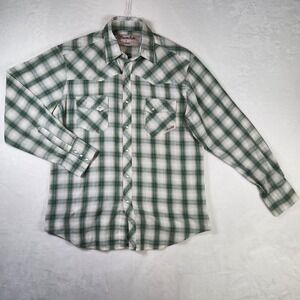 Wrangler Wrancher Western Plaid Shirt Mens L Long‎ Sleeve Pearl Snap Cowboy